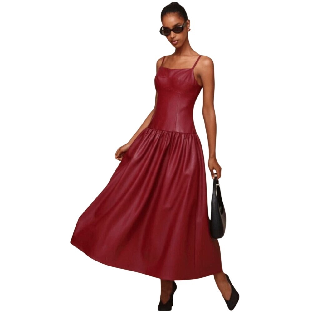 Avec Le Filles Faux Ever Leather Midi Dress with‎ Drop Waist in Cool Red Size S